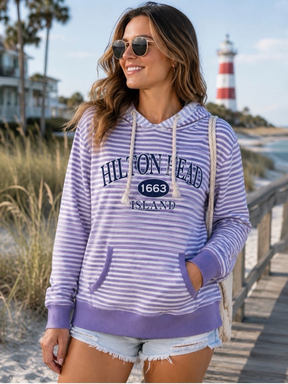 Hilton Head Island Purple White Striped Coastal Pullover Hoodie Large